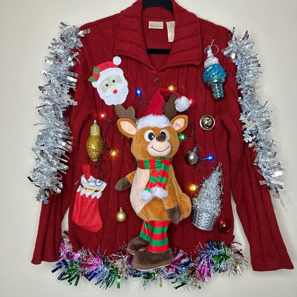 Ugly Christmas Sweater Singing Reindeer LIGHTS UP Tacky Tinsel Xmas Party Winner - Picture 1 of 5